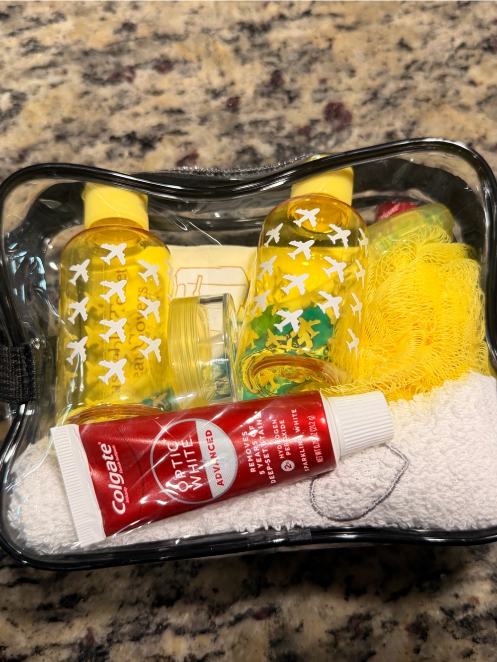 Clear Travel Toiletry Bag with Yellow Accent Bottles